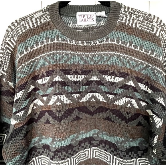 Vintage Tip Top Tailors Brown Teal Long Sleeve Aztec Fair Isle Men's Sweater M - Picture 3 of 10